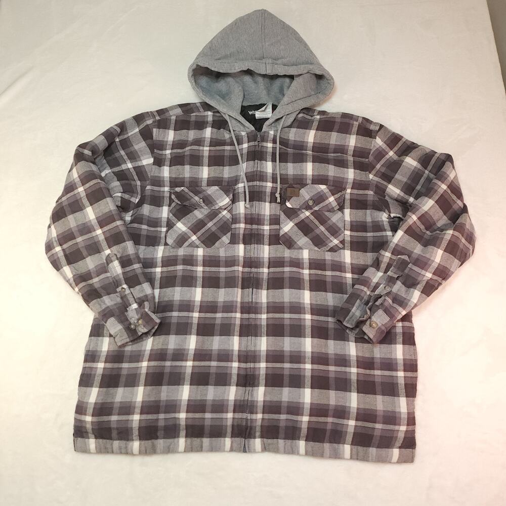 Plaid Flannel Cabincore Shacket Wrangler Riggs Mens XL Hooded Insulated Gray